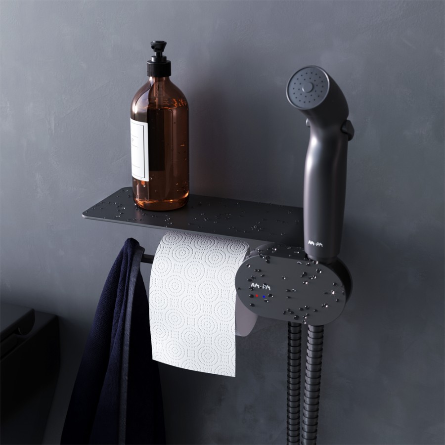 Гигиенический набор со смесителем для душа с полкой, держателем туалетной бумаги, гиг Like AM.PM арт. F0202622 цвет: черный, Германия