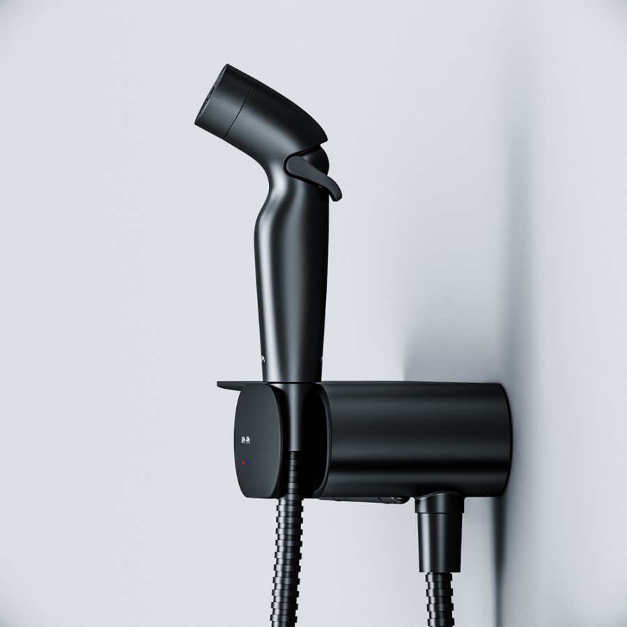 Гигиенический набор со смесителем для душа с полкой, держателем туалетной бумаги, гиг Like AM.PM арт. F0202622 цвет: черный, Германия