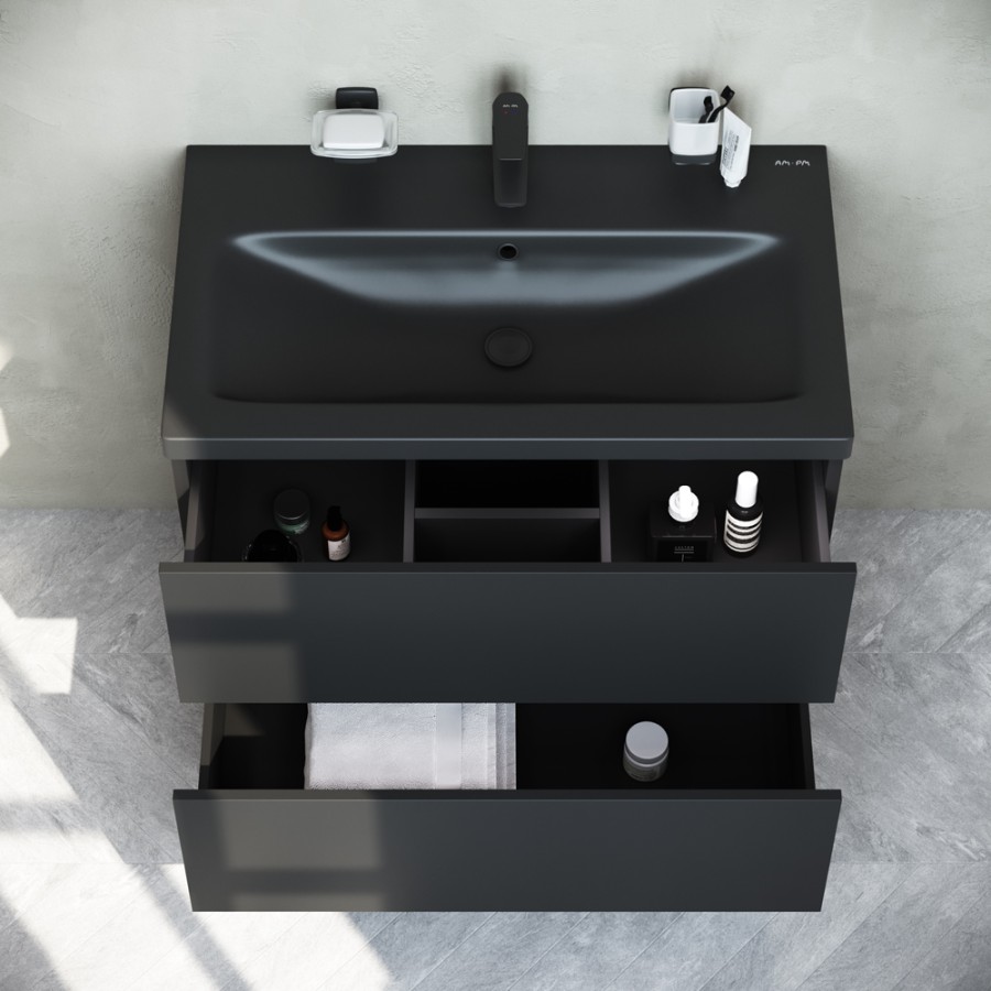 База под раковину, подвесная, 75 см, 2 ящика push-to-open, цвет: черный матовый Gem AM.PM арт. M90FHX07522BM